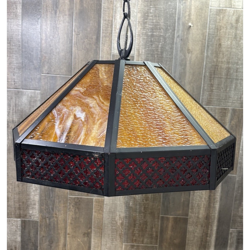 Vintage 1970s Slag Glass Chandelier Amber Red Black Hanging Swag Pendant Light